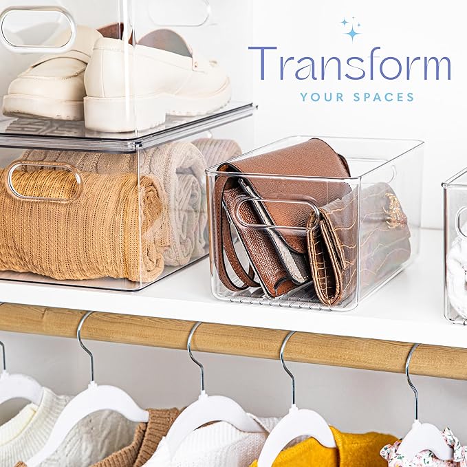 Plastic Food Storage 6 Pack Clear Container Bin with Handles for Organizing Kitchen, Pantry, Fridge, Freezer, Pantry, Bathroom. 10"x6"x5"