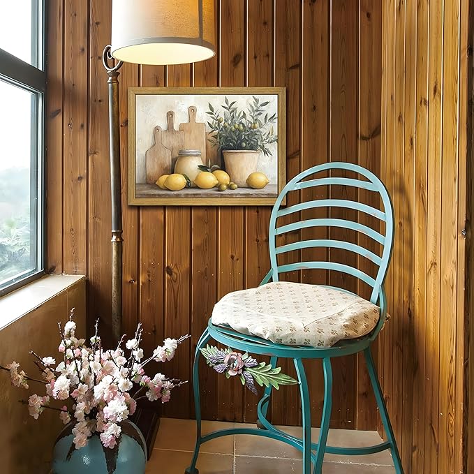 Wood Framed Vintage Kitchen Wall Art, Yellow Lemon Still Life Wall Decor Oil Paintings, Rustic Farmhouse Artwork Canvas Posters Prints Pictures for Living Room Bedroom Home Decor 16x24 Inch