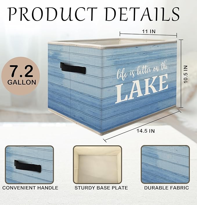 Lake House Storage Bins Box with Handles, Life Is Better On the Lake Collapsible Fabric Storage Basket Box Organizer for Bedroom Bathroom Clothes Toys Books