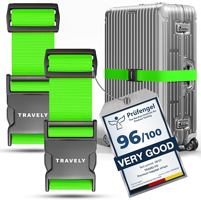 TRAVELY Luggage Straps - Particularly conspicuous & Secure - Incl. 2 Name Tags - Luggage Strap Ideal crosswise - [Set of 2]