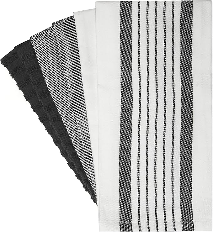 Premium Kitchen Towels (20”x 28”, 6 Pack) | Large Cotton Dish Towels | Flat & Terry Highly Absorbent Kitchen Linen Set with Hanging Loop | Black Striped