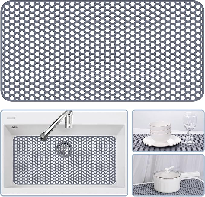 Silicone Sink Protectors for Kitchen Sink - 28.3"x 15.7" Kitchen Protector Mat Accessory, Non-Slip Heat Resistant Mat for Bottom of Farmhouse Stainless Steel Porcelain (Gray)