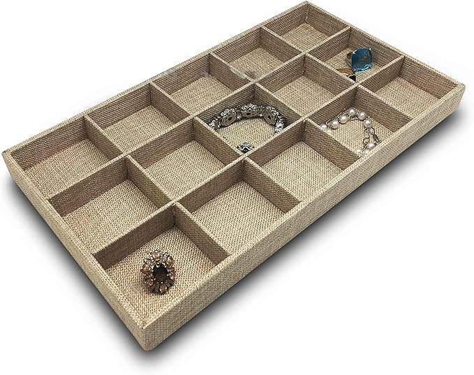 The Display Guys - Stackable Jewelry Tray and Organizer - for Drawers, Dressers, Store Display (15 Compartments, Beige Burlap)