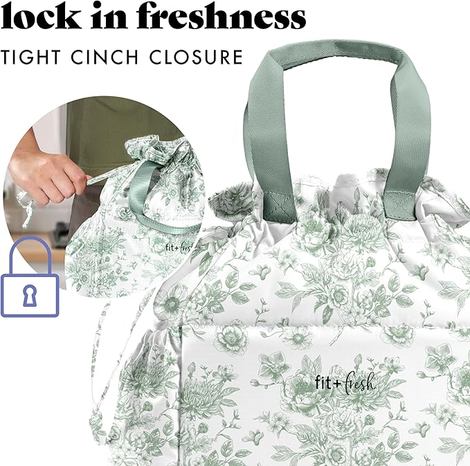 Fit & Fresh Cromwell Drawstring Lunch Bag for Women, Complete Lunch Set with 2 Containers, Stain-Resistant, Leak-Resistant, Back to School Essential, Teacher Lunchbox, Sage Floral Toile