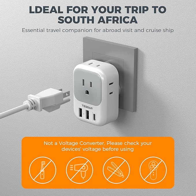 South Africa Plug Adapter 2 Pack, TESSAN Type M Power Adapter with 4 AC Outlets 3 USB Ports (1 USB C), Travel Adapter US to Botswana Namibia Nepal Bhutan