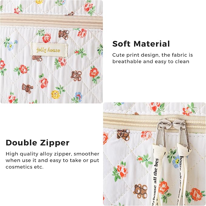 HBselect Quilted Makeup Bag, 3PCS Cotton Large Travel Makeup Bag, Cute Floral Coquette Make up Bag Cosmetic Bag Toiletry Bag for Women Girls
