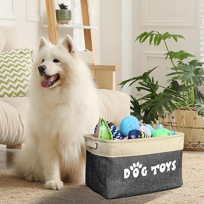 PET ARTIST Dog Toy Basket, Collapsible Dog Toy Bin Box with Comfortable Handles, Large Pet Toy Storage Organizer for Accessories, Toys, Coat & Clothing, Blanket & Leash, Black, 15"x11"x9"