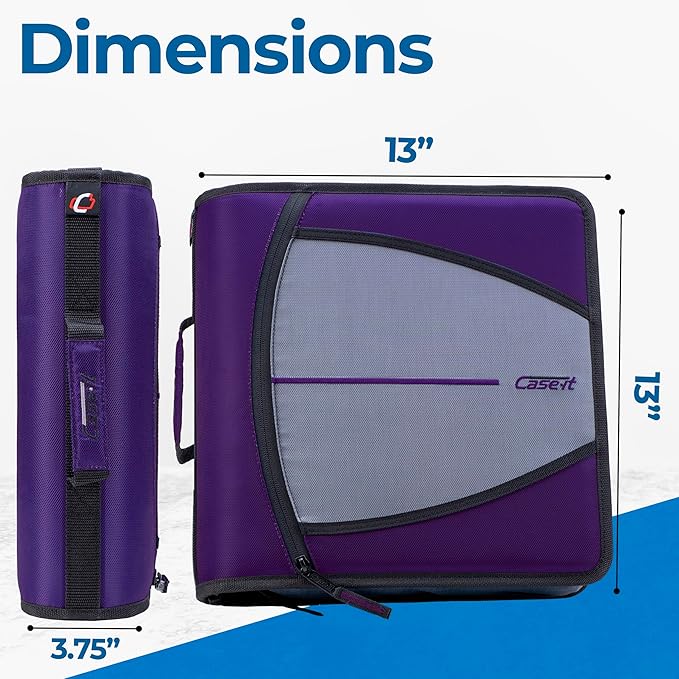 Case-it Mighty Zip Tab School Zipper Binder | 3-Inch O-Rings, 600-Sheet Capacity, 5-Subject Expanding File Folder, Multiple Pockets & Storage Organizer, Shoulder Strap | D-146 Purple Eclipse