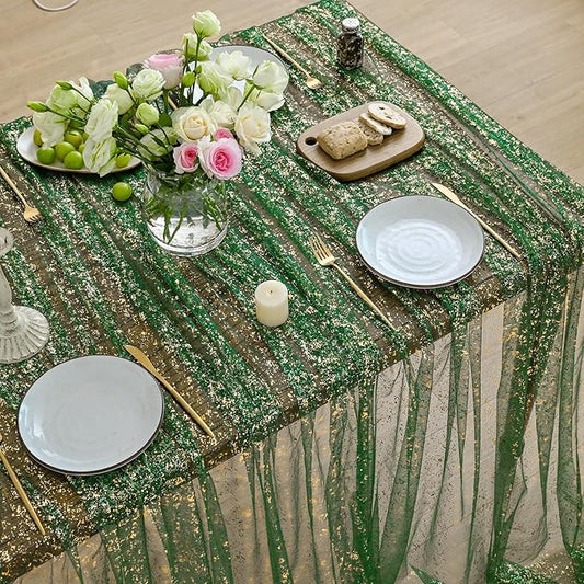 Horaldaily Green Gold Gauze Tablecloth 60x60 Inch Square, Green Sequin Glitter Metallic Foil, Sheer Tulle Cheesecloth for Wedding Baby Shower Ceremony Birthday