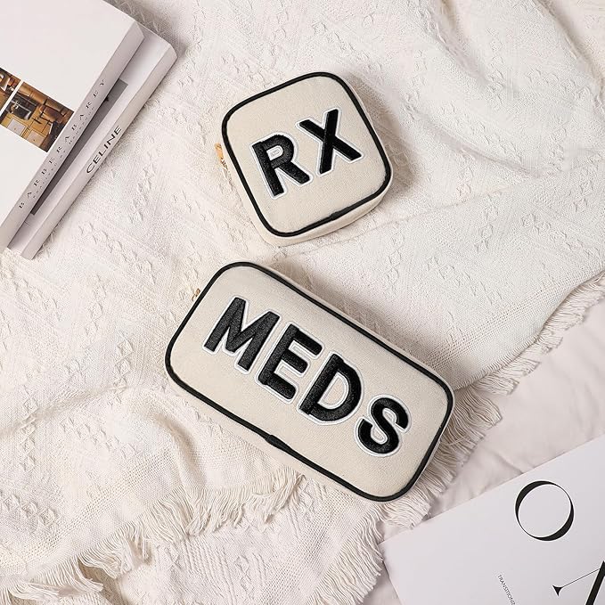 uekeboag 3Pcs Canvas Chenille Letter Medicine Makeup Bag, Small Travel Washable Organizer Bag for Purse with Zipper, Cute Personalized Gift Pouch For Women and Girls(3Pcs Bags)