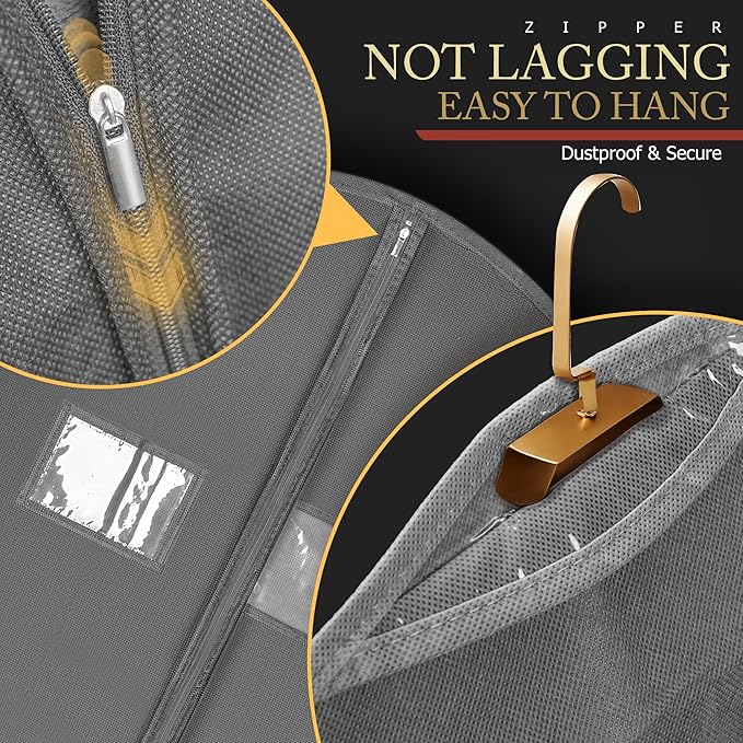 2 Pack 40-inch Suit Bag Garment Bag for Travel and Storage, Garment Bags for Hanging Clothes with Zipper and Visible Transparent Window, Waterproof Breathable Nonwoven Fabric, Gray