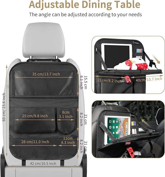 LUCMO Car Backseat Organizer with Touch Screen Tablet Holder, 9 Storage Pockets, Protectors Kick Mats, Travel Accessories (Black, 2 Pack with Food Tray)