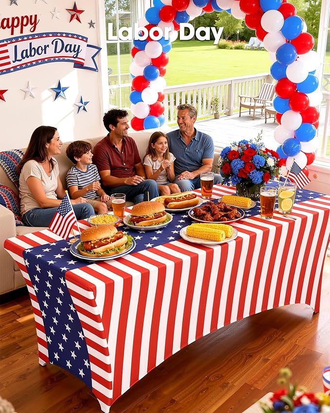 Pureegg 4th of July USA 250th Anniversary Spandex Tablecloth 6ft - 2 Pack, Patriotic American Flag Fitted Stretch Table Cover for 6 ft Rectangle Table, Tablecloth for Independence Day Party