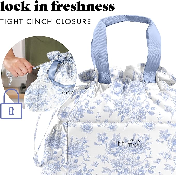 Fit & Fresh Cromwell Drawstring Lunch Bag for Women, Complete Lunch Set with 2 Containers, Stain-Resistant, Leak-Resistant, Back to School Essential, Teacher Lunchbox, Cornflower Floral Toile