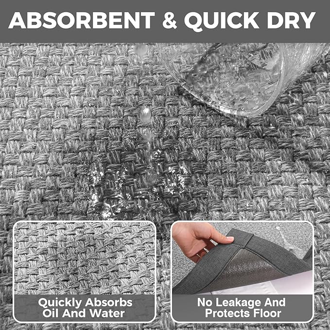 YDKGL Kitchen Rugs Mat Non Slip Washable, 0.4" Thick Anti Fatigue Cushioned Kitchen Mats for Floor, Absorbent Jute-Look Kitchen Runner Rug Sink Mat Laundry Standing Mats, Easy Clean, Gray 17"x47"