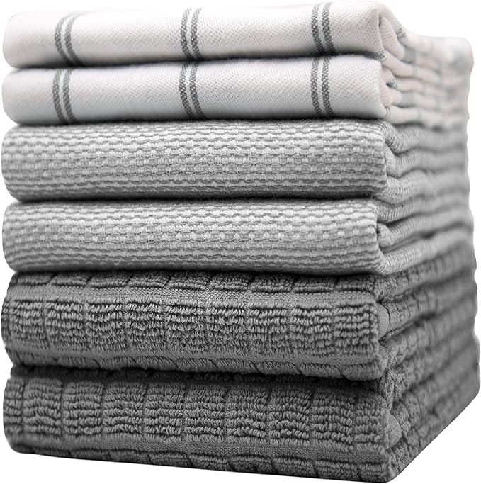 Premium Kitchen Towels (20”x 28”, 6 Pack) | Large Cotton Dish Towels | Flat & Terry Highly Absorbent Kitchen Linen Set with Hanging Loop | Grey Check