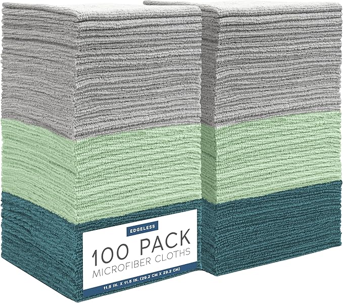 S&T INC. 100 Pack Microfiber Cleaning Cloth, Edgeless Bulk Towels for Home, Reusable Microfiber Towels for Cars, Cleaning Rags, Assorted Green and Grey, 11.5 Inches x 11.5 Inches, 100 Count