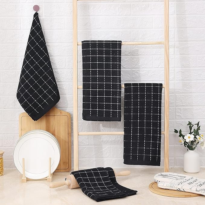Homaxy 100% Cotton Terry Kitchen Towels(Black, 13 x 28 inches), Checkered Designed, Soft and Super Absorbent Dish Towels, 24 Pack