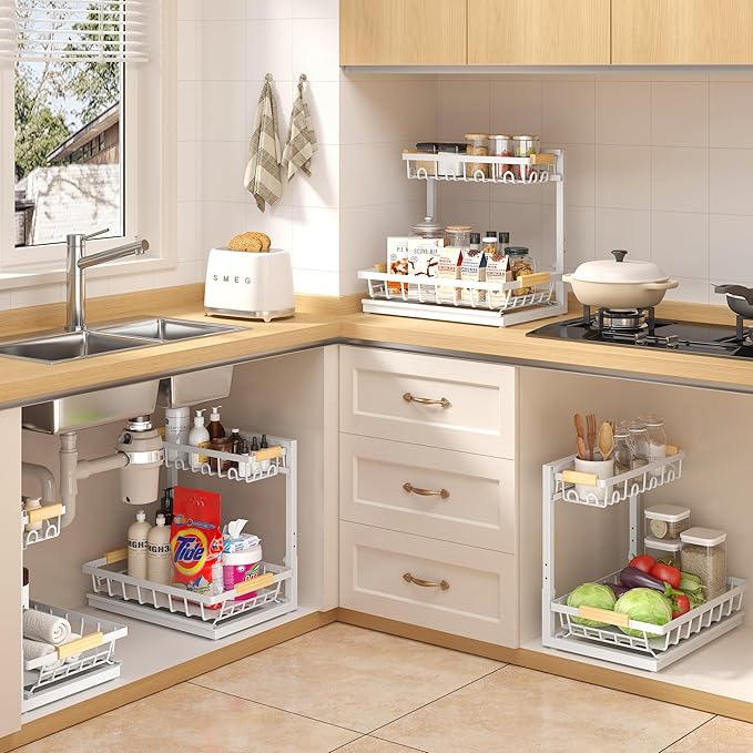 Sevenblue 2 Packs Under Sink Organizer, Height Adjustable 2 Tier Under Kitchen sink organizer, Multi-Purpose Storage Shelf for Kitchen Bathroom Cabinet (White, Large)