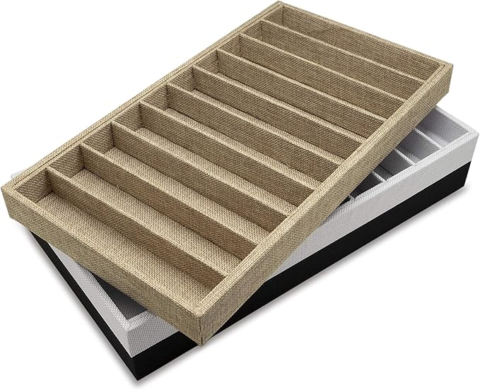 The Display Guys - Stackable Jewelry Tray and Organizer - for Drawers, Dressers, Store Display (10 Compartments, Black Burlap)