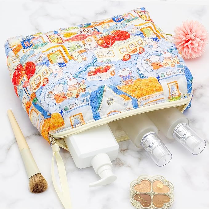 PAZIMIIK Quilted Makeup Bag Large Travel Zipper Soft Cosmetic Pouch for Women Girls Make Up, Little Bunny