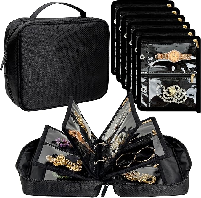 Travel Jewelry Organizer Case, Jewelry Bags for Traveling, Jewelry Binder with 24 Pcs Clear Zipper Velvet Pouches for Storing Earrings, Rings, Necklace, Bracelet, Watch (Black)