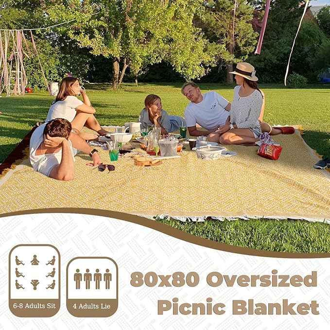 Genovega 2 in 1 Extra Large Outdoor Picnic Blanket Waterproof Woven Boho Mat Giant Beach Towel Travel Essential Yoga Accessories Park Patio Lawn Garden Grass Ground Music Festival Concert Must Have