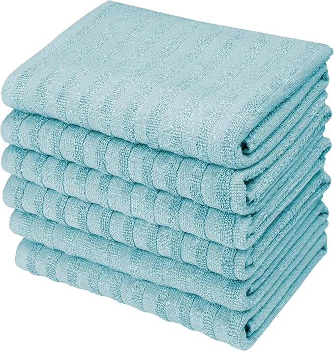 Premium Kitchen Towels (20”x 28”, 6 Pack) | Large Cotton Dish Towels 450 GSM | Highly Absorbent Terry Kitchen Linen Set with Hanging Loop | Aqua Solid