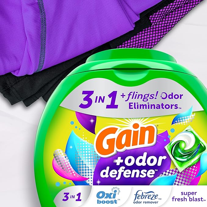 Gain Flings Laundry Detergent Pacs with Odor Defense, 76 Count, Super Fresh Blast Scent, HE 3in1 Detergent Pacs with Febreze and Oxi