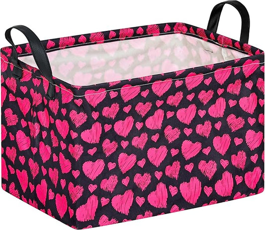 KUNRO Rectang Heart Pattern Vantine's Storage Basket Gift Shelf Basket Storage Bin, Nursery Basket Organizer Box for With Handles for Room Deco