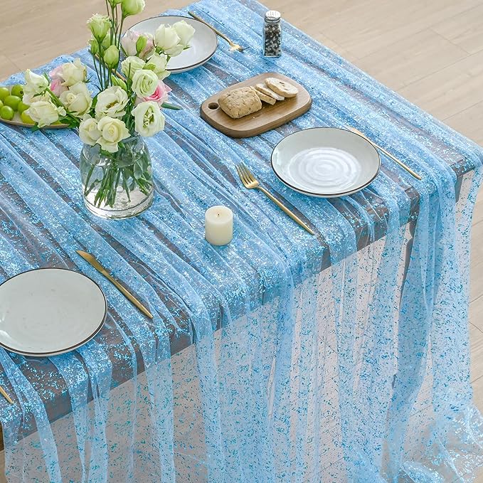 Horaldaily Light Blue Gold Gauze Tablecloth 60x140 Inch Rectangular, Light Blue Sequin Glitter Metallic Foil, Sheer Tulle Cheesecloth for Wedding Baby Shower Ceremony Birthday
