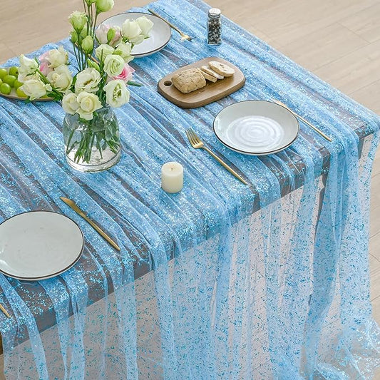 Horaldaily Light Blue Gold Gauze Tablecloth 60x140 Inch Rectangular, Light Blue Sequin Glitter Metallic Foil, Sheer Tulle Cheesecloth for Wedding Baby Shower Ceremony Birthday
