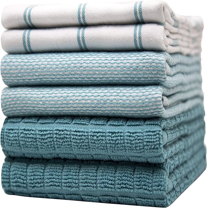 Premium Kitchen Towels (20”x 28”, 6 Pack) | Large Cotton Dish Towels | Flat & Terry Highly Absorbent Kitchen Linen Set with Hanging Loop | Teal Check