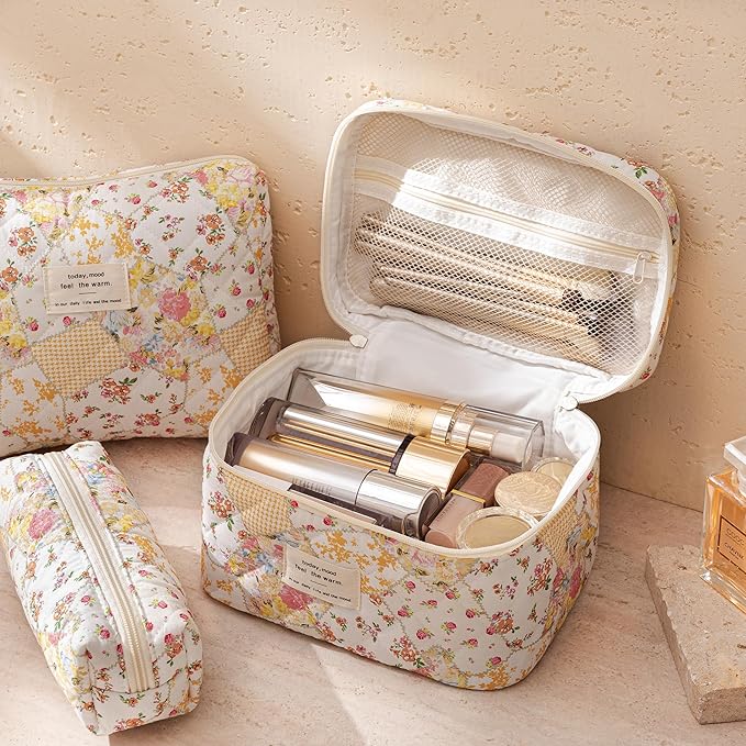HBselect Quilted Makeup Bag, 3PCS Cotton Large Travel Makeup Bag, Cute Floral Coquette Make up Bag Cosmetic Bag Toiletry Bag for Women Girls