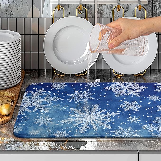 Winter Blue Snowflake Dish Drying Mat for Kitchen Counter Merry Christmas Snowflakes Drying Mats Xmas Holiday Dish Draining Mat Microfiber Absorbent Dish Drainer Rack Pad 18x24 Inch