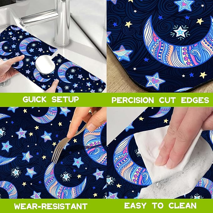 Kitchen Sink Splash Guard Faucet Mat Super Absorbent Fast Drying Mat Guard Behind Faucet Drip Catcher for Kitchen Bathroom (Blue Stars Crescent Moon, 15.5"X5.5")