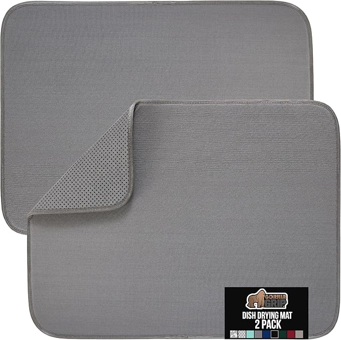 GORILLA GRIP Ultra Water Absorbent Microfiber Dish Drying Mat, 18x24, Quick Dry Thick Mesh, Slip Resistant Pad for Sink Dishes or Under Rack, Kitchen Counter Accessories, Machine Wash, 2 Pack Gray