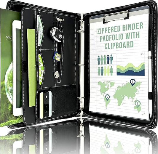STYLIO Zipper Portfolio Binder | Padfolio 3 Ring Binder (1") and Clipboard Folio (Removable)| Portfolio Organizer for Documents, iPad, Tablet, Phone |Faux Leather Notebook Folio for Men & Women