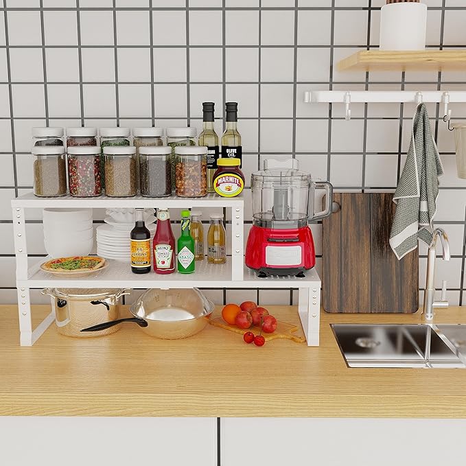 Jojocross Expandable Adjustable Stackable Kitchen Organizer, Spice Rack,Metal Pantry Storage Shelves Racks,Counter Shelf for Cabinets, Countertop, Cupboard (1 Pack/Large/White)