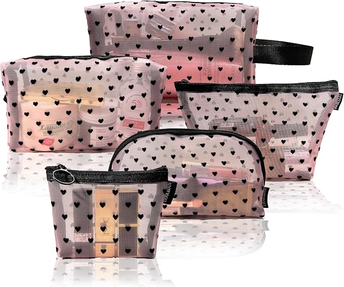 5 Pieces Mesh Heart Makeup Bags Sets, Zipper Mesh Cosmetic Bag Toiletry Bag, Travel Makeup Bags for Women, Small Items Storage Organizer Bags for Home Office Travel (Pink)