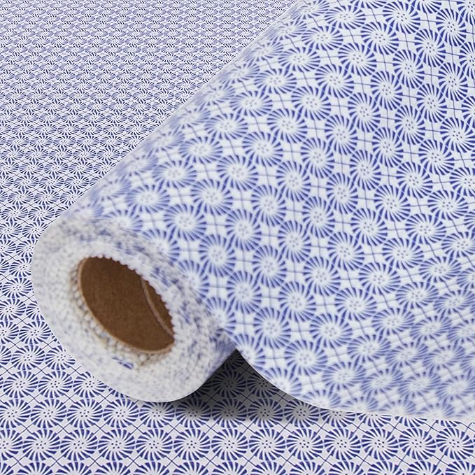 FIFTY FEET 12"x120" Non-Adhesive Shelf Liner for Kitchen Cabinets and Drawers, Washable Non-Slip PVC Cabinet Liner (Blue Circle)(9 Roll)