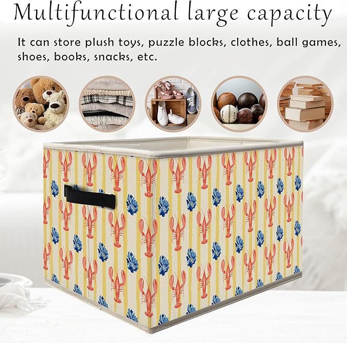Coastal Beach Lobster Storage Bins Box with Handles, Preppy Seaside Lobster and Shellfish Ocean Collapsible Fabric Storage Basket Box Organizer for Bedroom Bathroom Clothes Toys Books