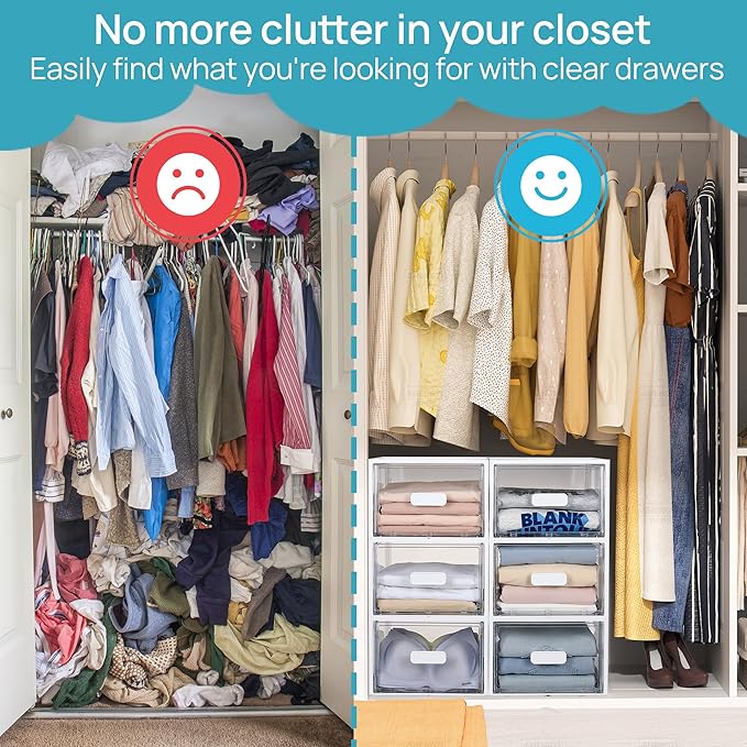 Vtopmart 4 Pack 18QT White Stackable Storage Drawers, Easily Assemble Closet Organizers, Plastic Storage Bins for Bathroom, Cabinet, Kitchen Pantry, Under Sink Organization (Medium)