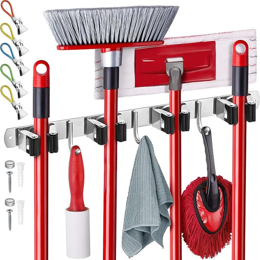 Mop and Broom Holder Wall Mount – Self-Adhesive Stainless Steel Broom Hanger Organizer – 4 Clamps, 3 Hooks, 5 Towel Hanging Clips, Mounting Screws – Holds Up to 40 lbs