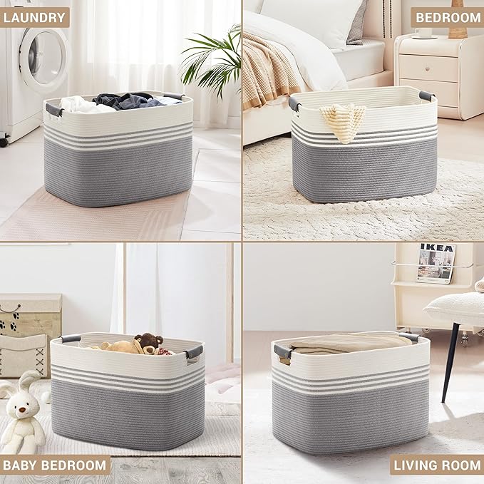 SunNewt 100L Extra Large Laundry Basket with Leather Handles for Living Room Storage, Woven Rope Baskets for Blanket, Kids Toy, Gifts, Wicker Hamper for Bedroom Dirty Clothes, 24"x16"x16" White Grey