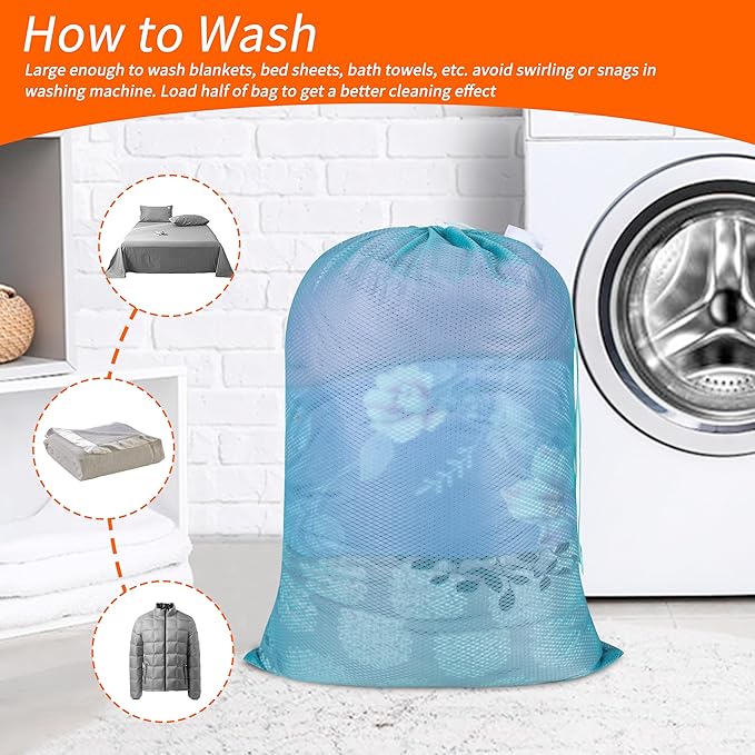 Polecasa Heavy Duty Large Mesh Laundry Bags with ID Tag and Locking Drawstring Closure - 2 Pack, 24 x 36 inches - Laundry Hamper Liner, Washable Laundry Bag for Travel, Sports, Dorms (Aqua)
