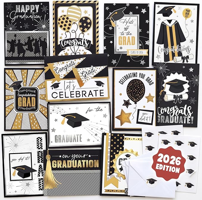 AUDREE Gold Foil Graduation Cards 2026 (5x7) - 12 Pack Grad Design with Envelopes & Stickers Bulk Assortment for College & High School, Congrats Grad Gifts Decorations for Him Her (Printed Messages)