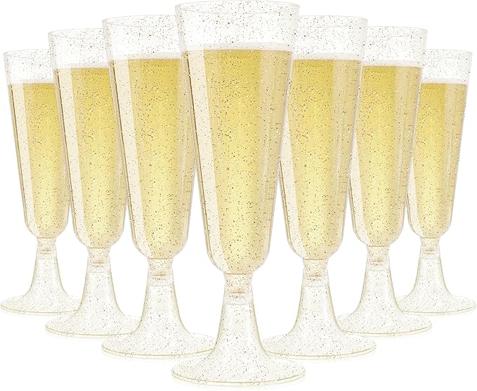 SUREHOME Champagne Flutes Plastic 40 Pcs Gold Glitter Champagne Glasses Disposable Mimosa Glasses Sparkle Clear Acrylic Wedding Toasting Cocktail Cups Bulk for Bridal Shower Birthday Party Supplies