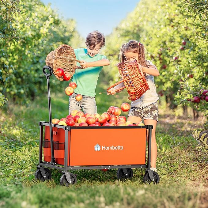 Collapsible Wagon Cart with Wheels, 150L Lightweight Foldable Utility Cart, Portable Rolling Wagon for Garden, Shopping, Sports, Camping, Transport, Orange