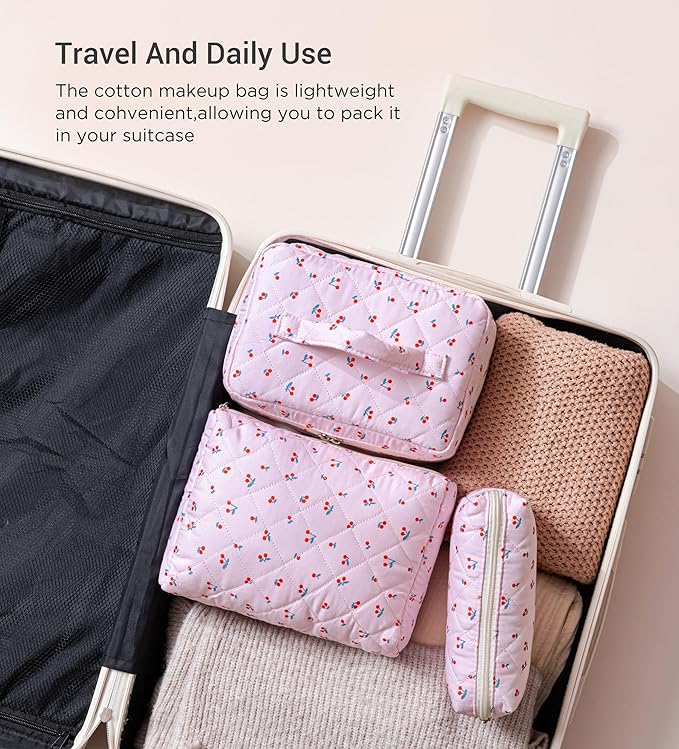 HBselect Quilted Makeup Bag, 3PCS Cotton Large Travel Makeup Bag, Cute Floral Coquette Make up Bag Cosmetic Bag Toiletry Bag for Women Girls